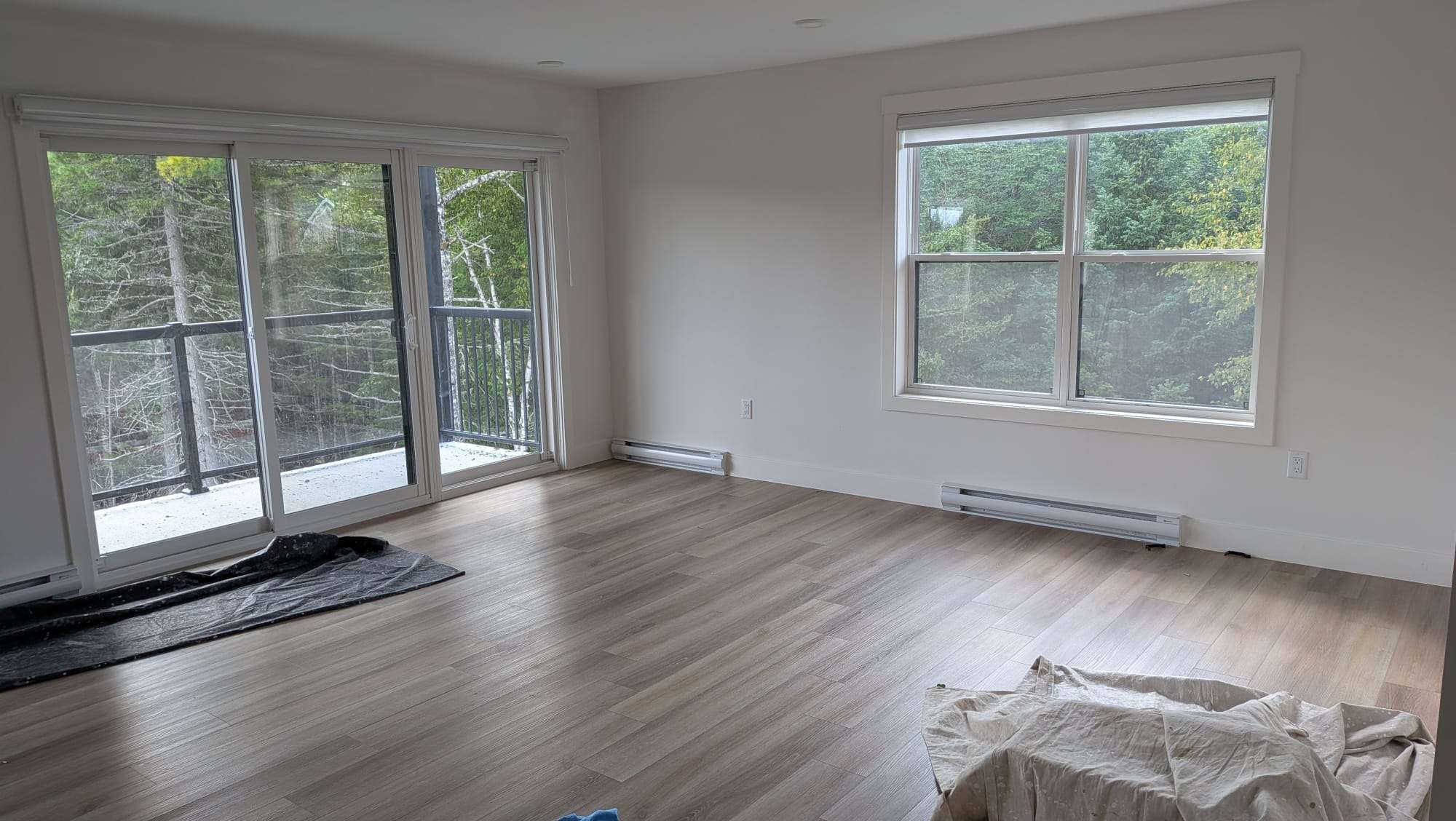 Freshly painted bright room with windows and doors opening onto a balcony